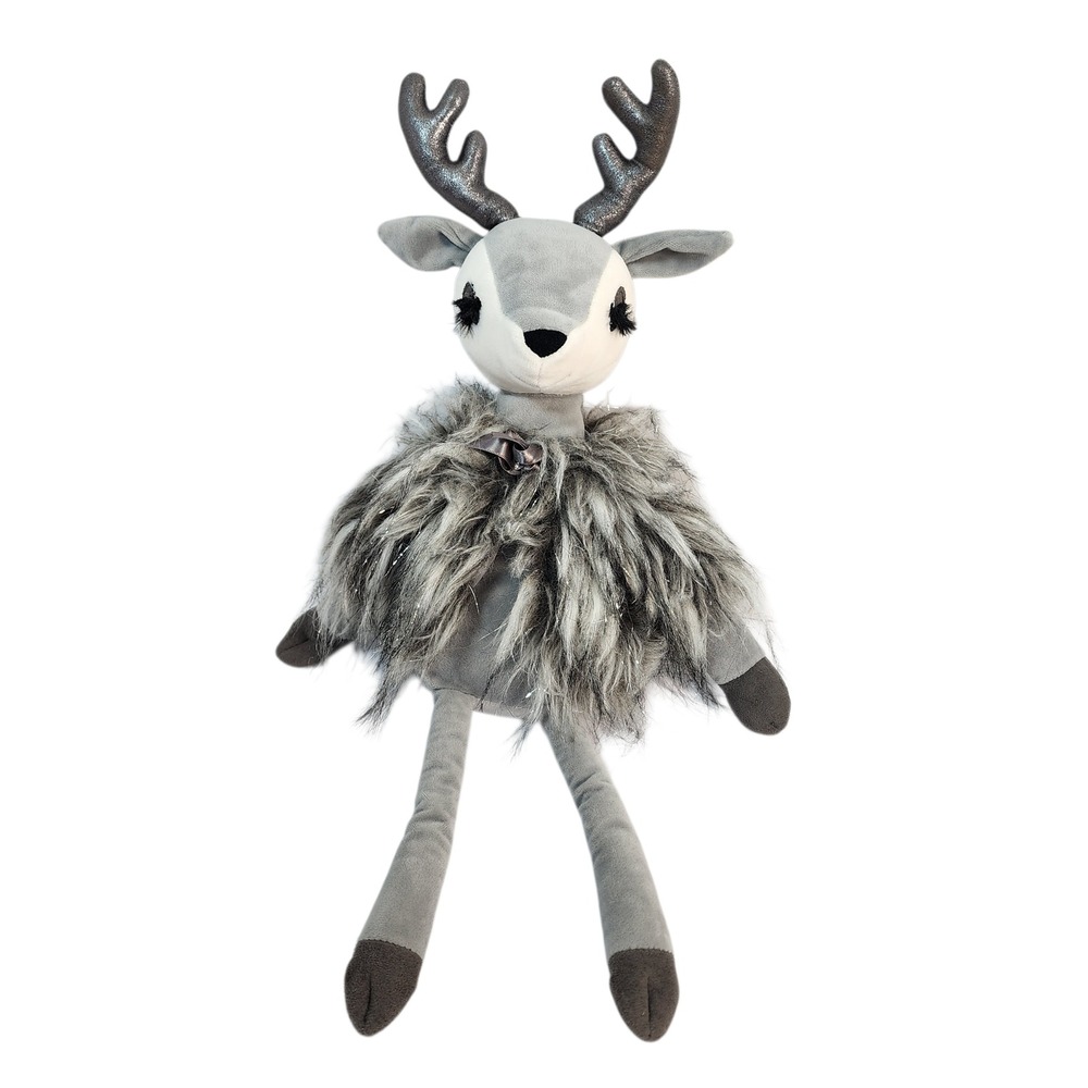 Jellycat London Plush Reindeer Fawn Gray Faux Fur Collar Sparkly Antlers‎